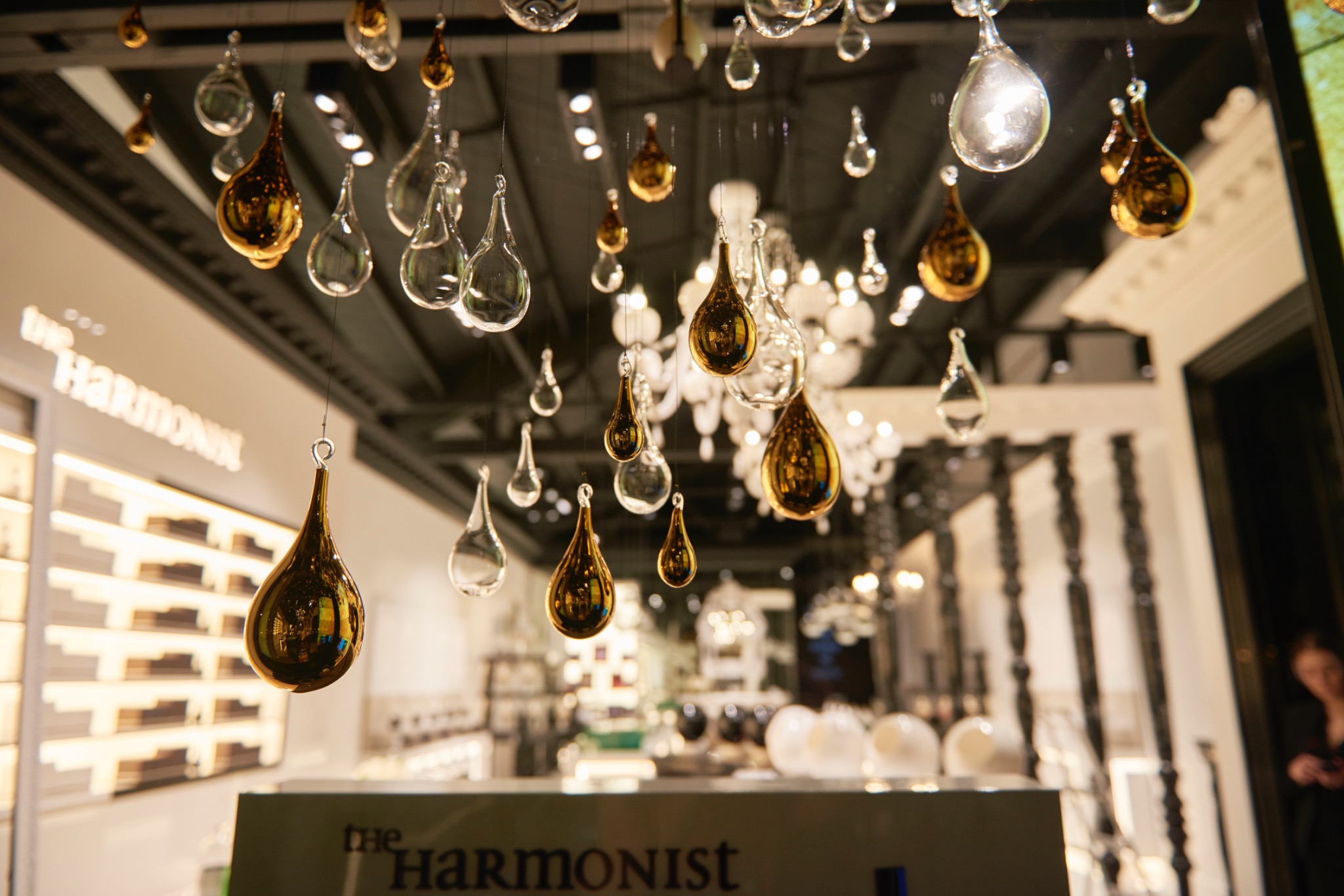 Suspended forms in The Harmonist installation